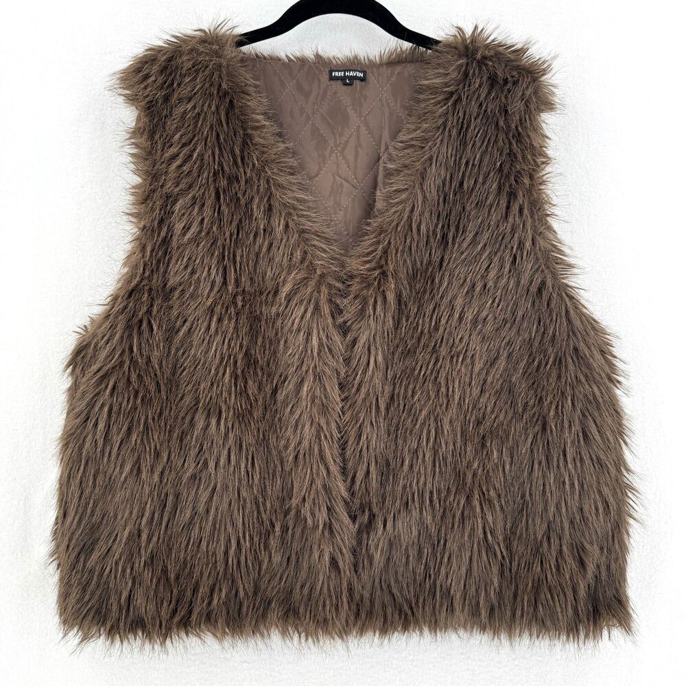 Free Haven Faux Fur Vest Women L Brown Boho Shaggy Open Front Y2K Layering Y2K